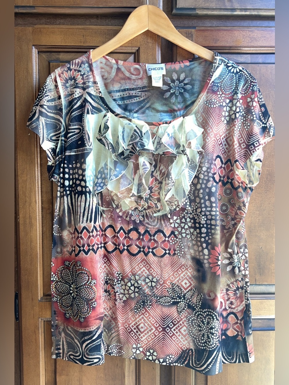 Chico's Multi-Color beaded Ruffle Neck Short Sleeve Top 3 - Picture 3 of 9